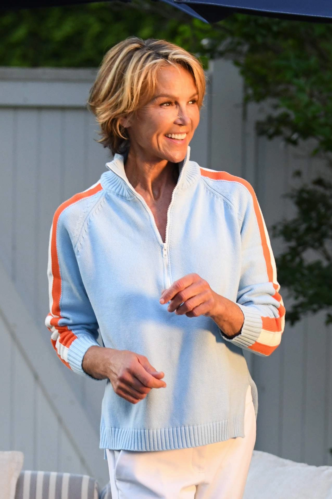 Striped Half Zip Sweater / Sky Blue Orange Summer Dress Fitted Blouse