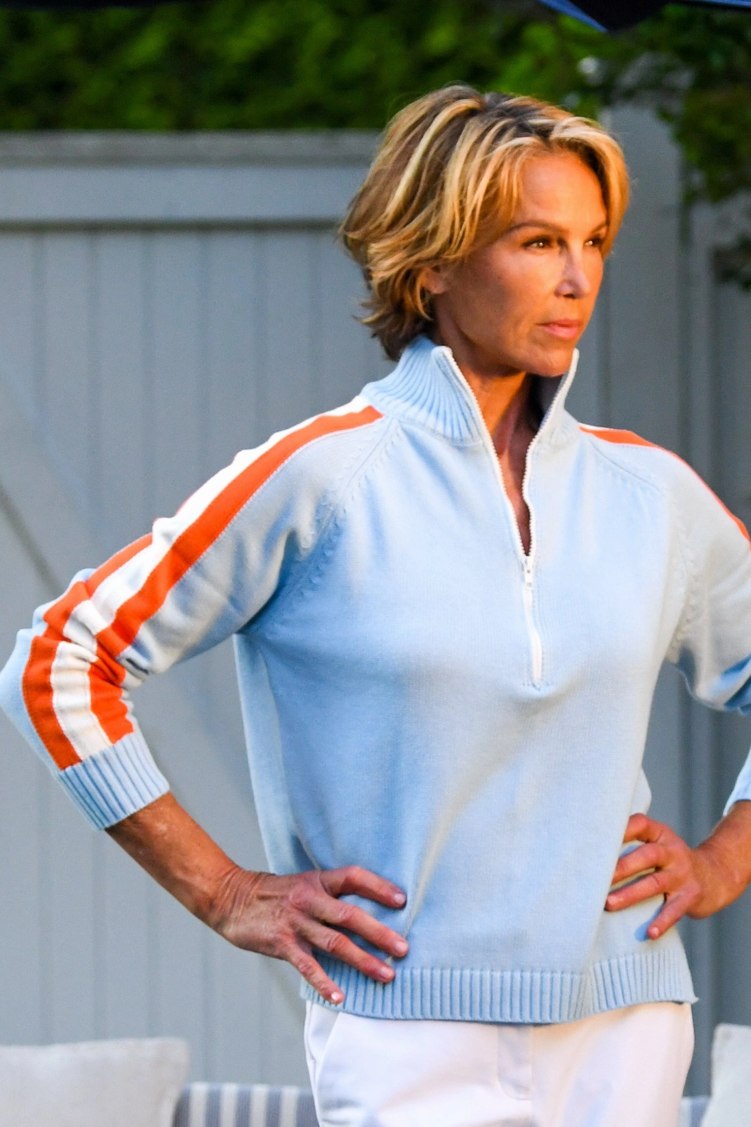 Soft Inner Lining Striped Half Zip Sweater / Sky Blue Orange