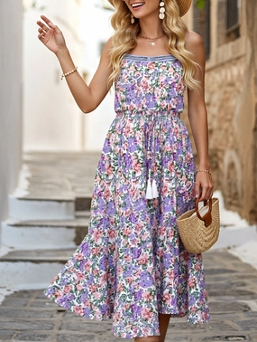 Layered Floral Print Maxi Dress with Drawstring Waist ??Casual Summer Dress Cool Draping Feminine Cut