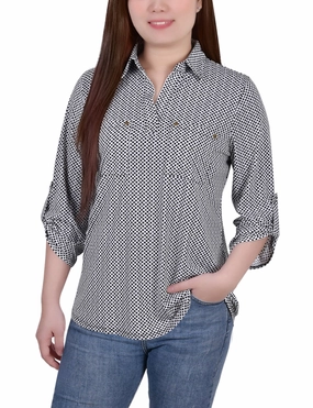 Modern Polo hypoallergenic material Petite 3/4 Roll Tab Sleeve Studded Y Neck Top