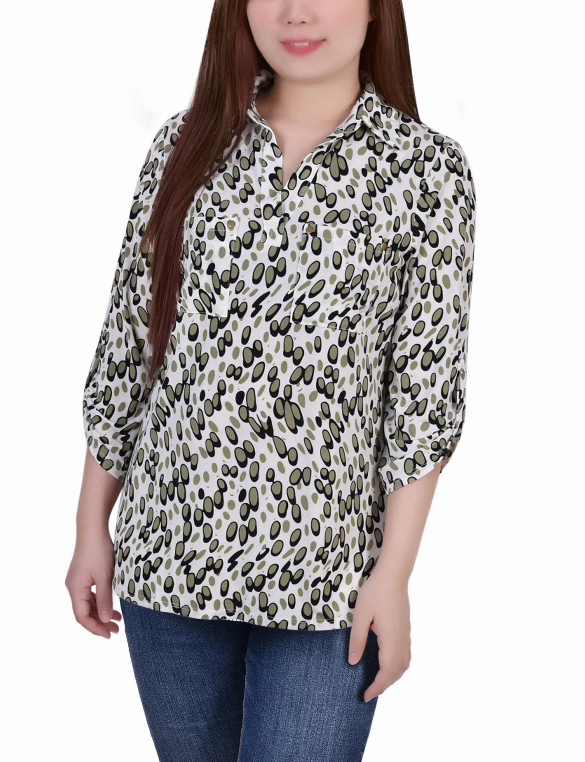 Petite 3/4 Roll Tab Sleeve Studded Y Neck Top Stretchable Material FrictionResistant Trim