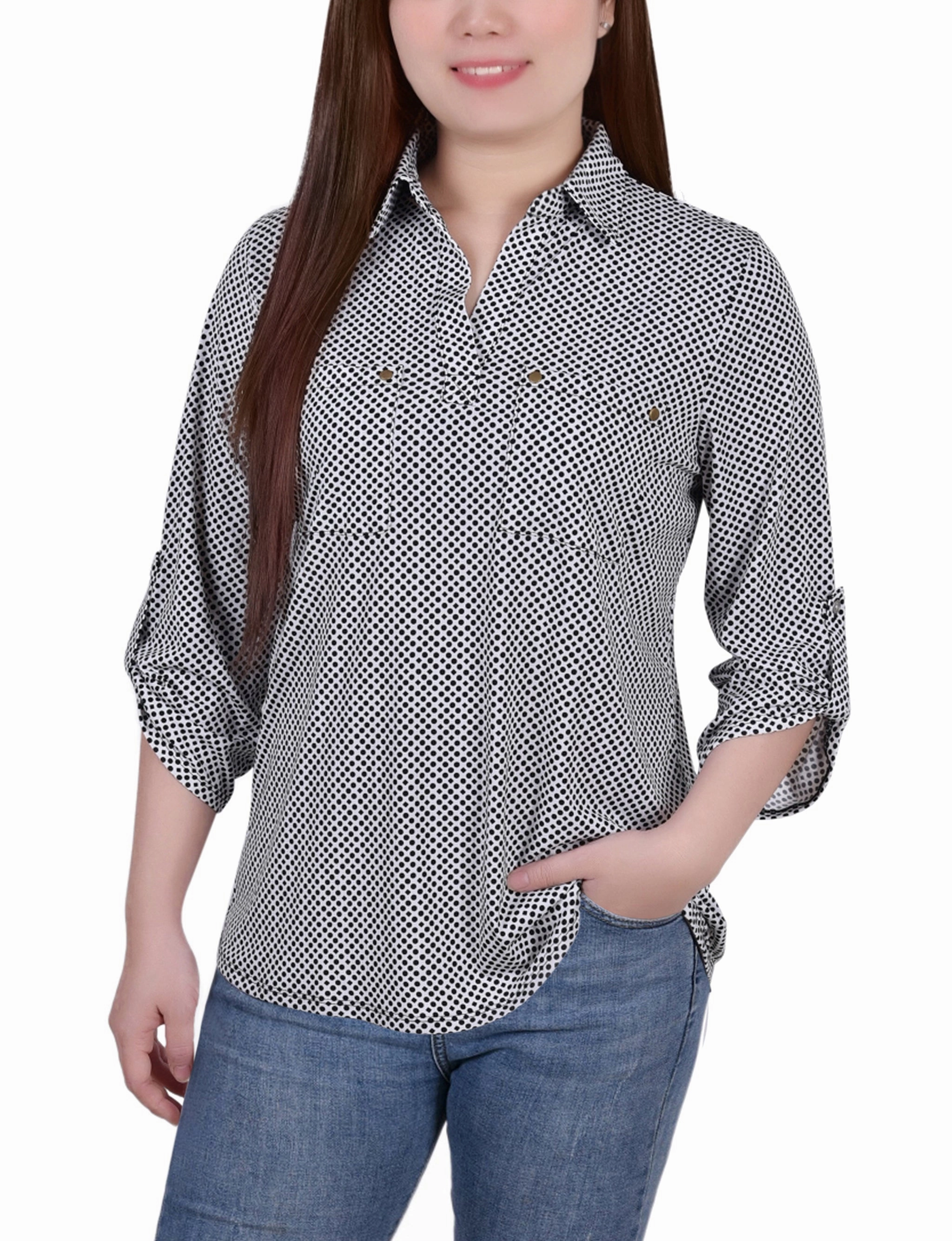 Petite 3/4 Roll Tab Sleeve Studded Y Neck Top Outdoor Apparel AntiSlipGrip