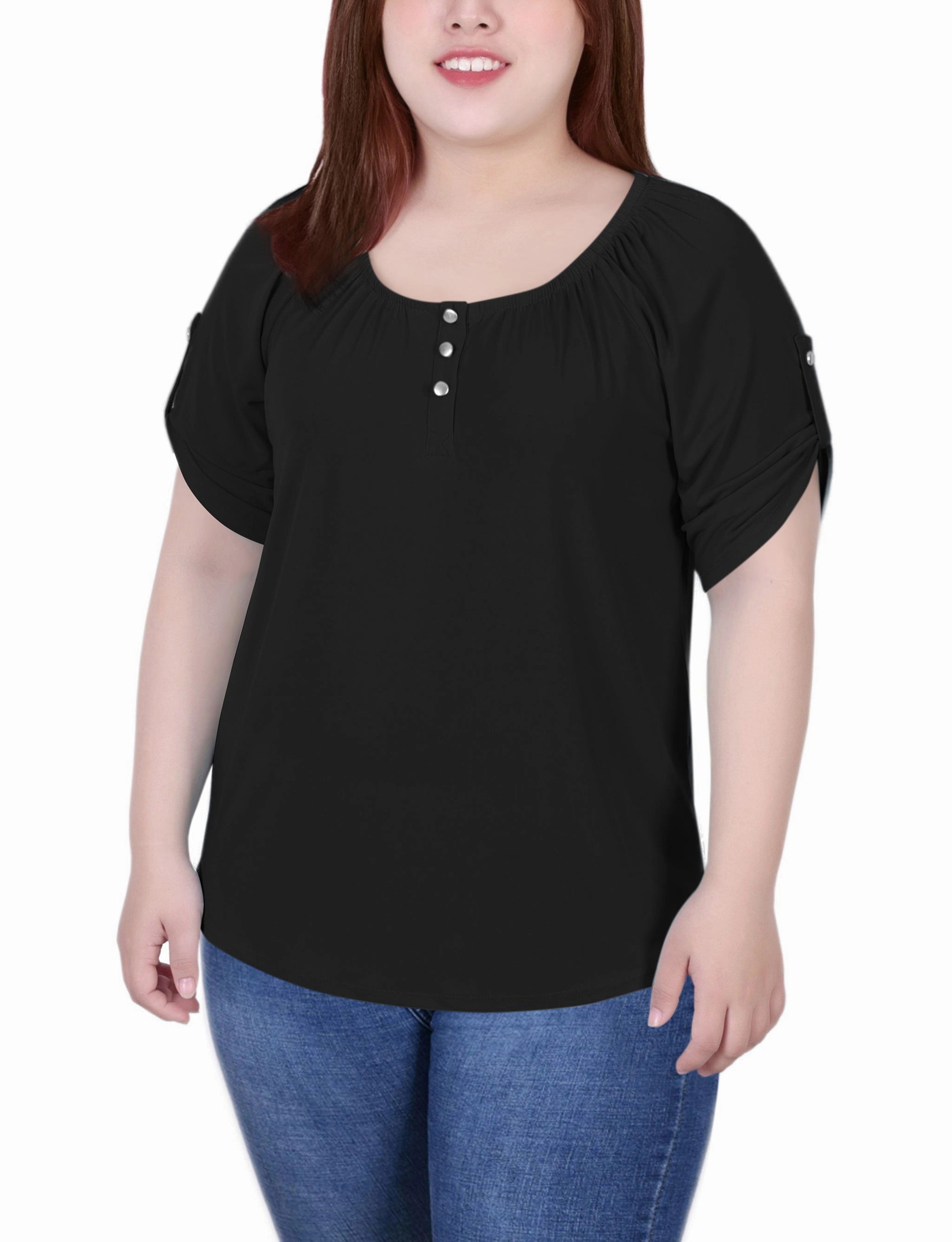 Relaxed Silhouette QuickDry Technology Plus Size Short Sleeve Round Neck Henley Top
