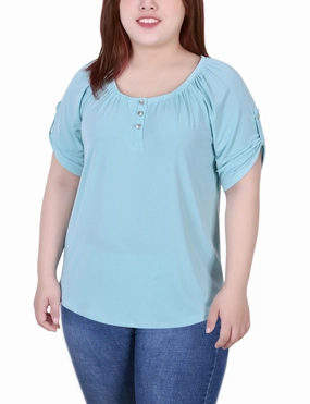 Adjustable Hemline Plus Size Short Sleeve Round Neck Henley Top