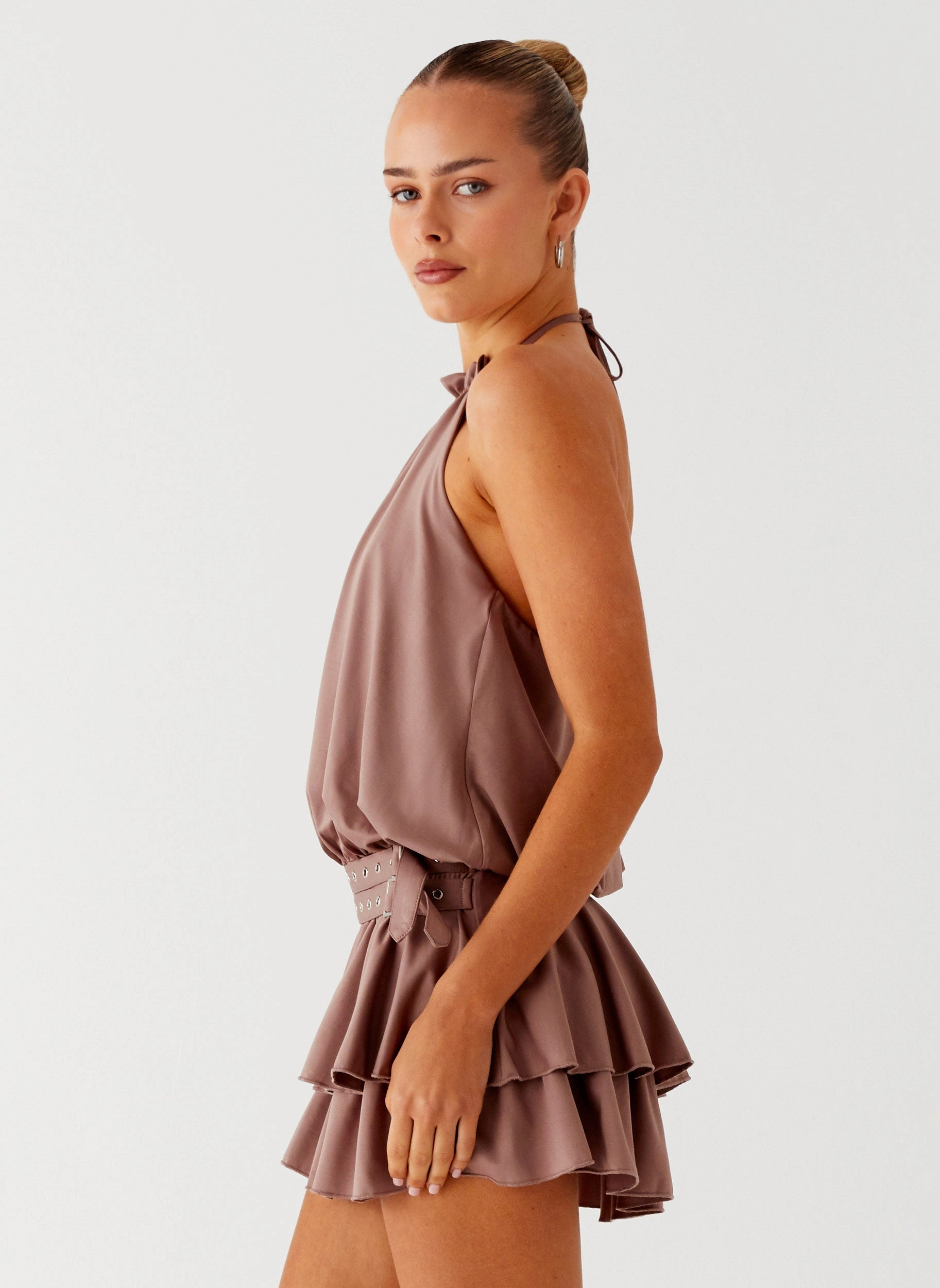 Dopamine Belt Mini Dress - Taupe Sweet Mood Cool Finish