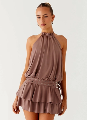 Dopamine Belt Mini Dress - Taupe Polished Appearance