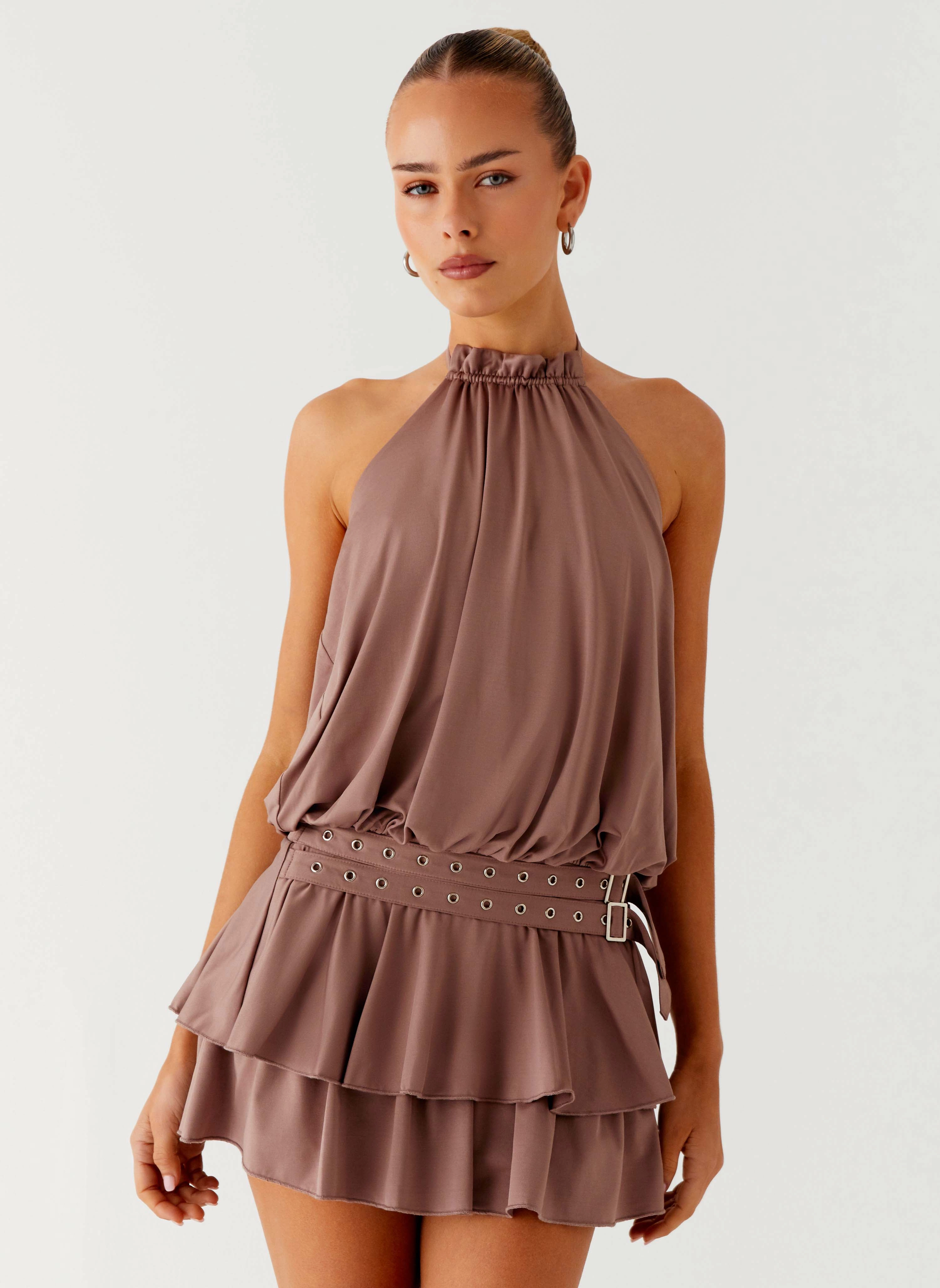 Dopamine Belt Mini Dress - Taupe Polished Appearance