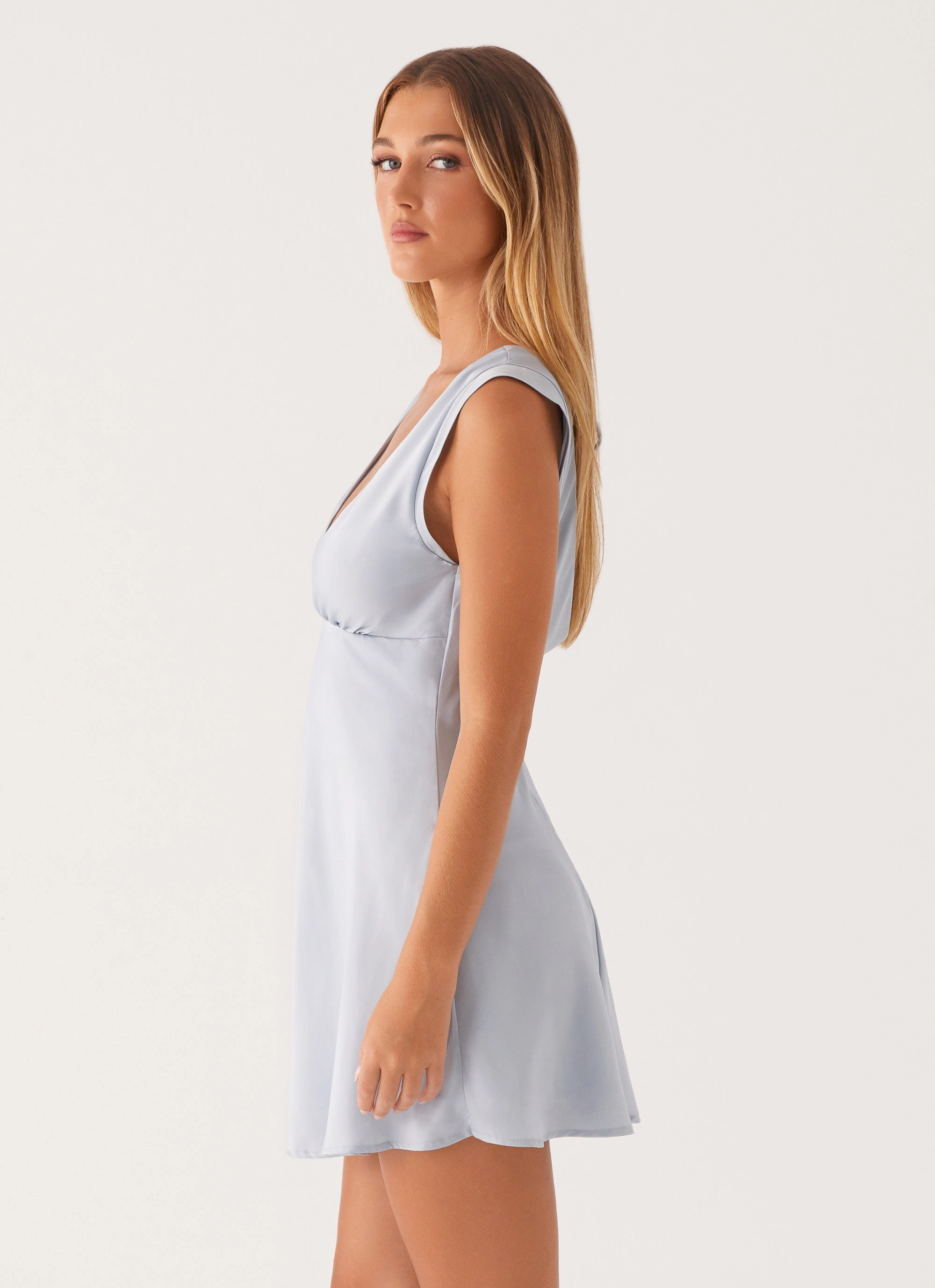 Layton Mini Dress - Blue Ruched-Detail CrinkleResistantWeave