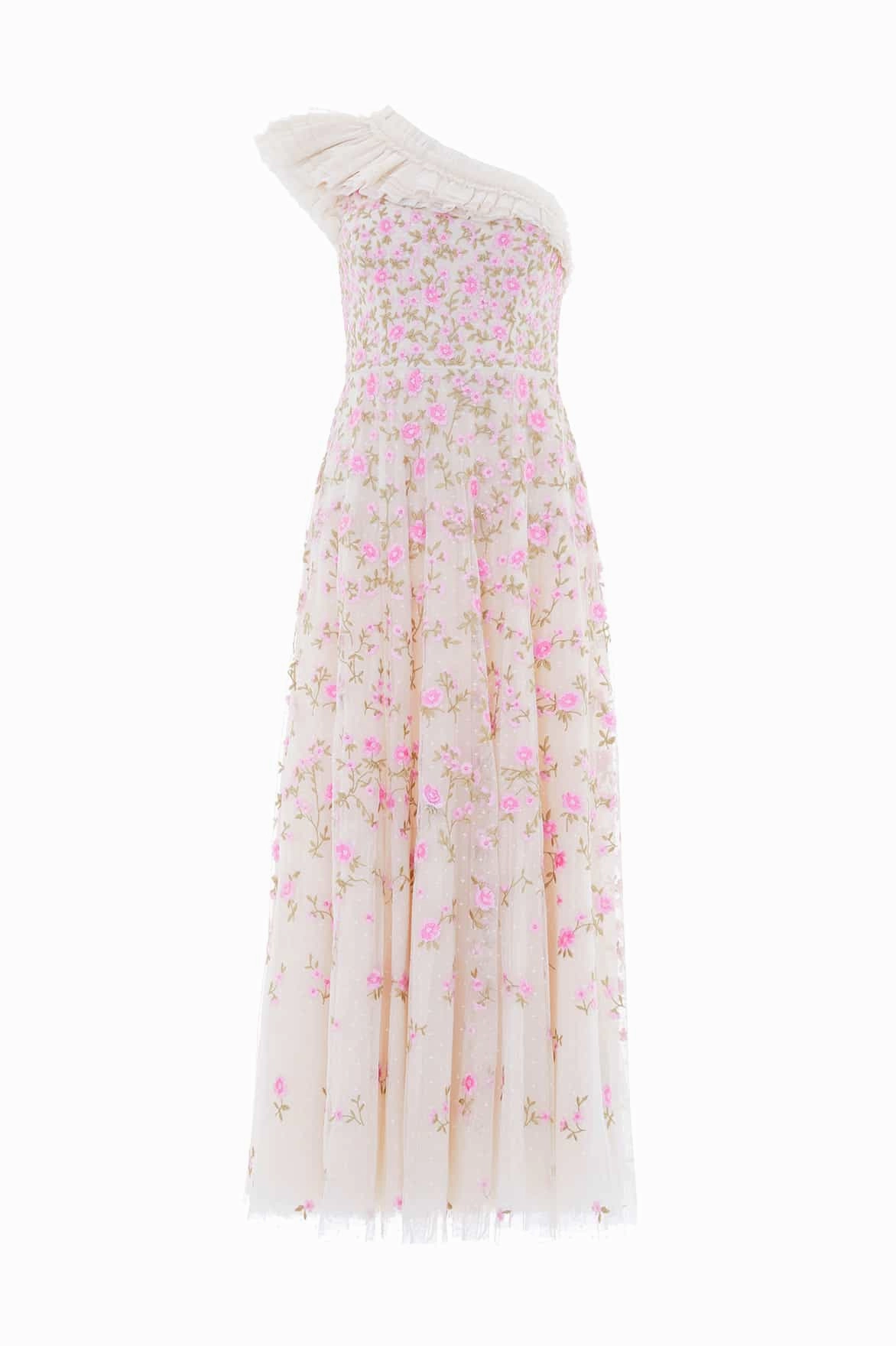 Lea Ditsy One-Shoulder Ankle Gown Side Ruching