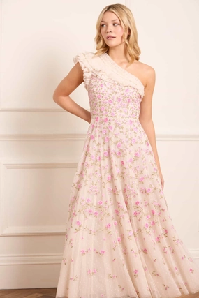 Lightweight-Lining Lea Ditsy One-Shoulder Ankle Gown