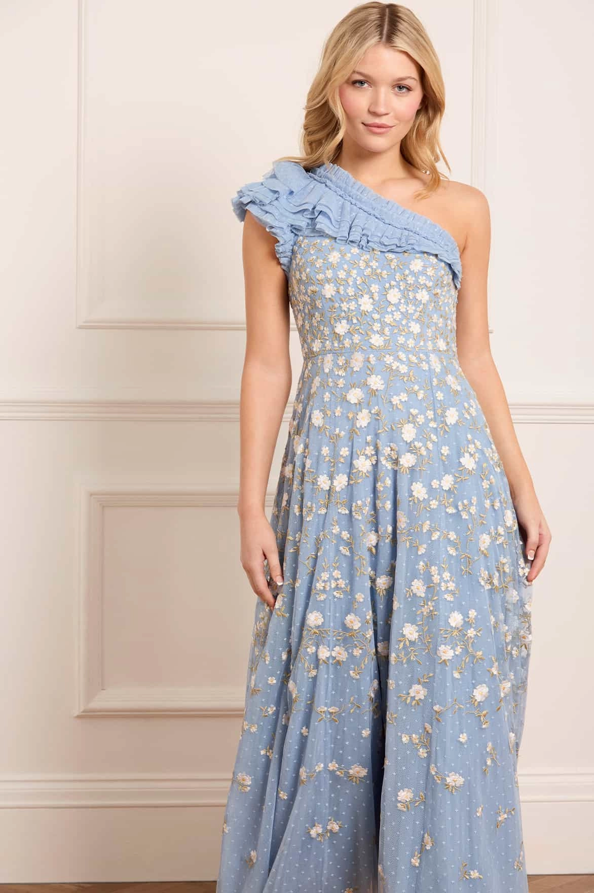 Light Base Elegant brunch outfit Lea Ditsy One-Shoulder Ankle Gown