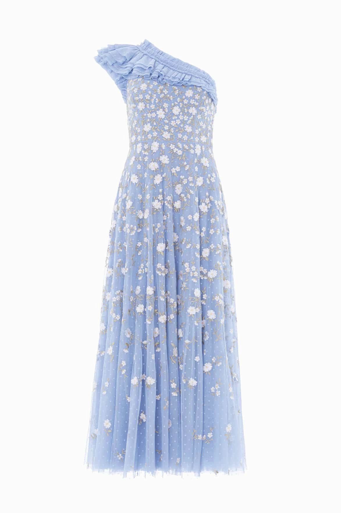 Curve Friendly Romantic Soft Lea Ditsy One-Shoulder Ankle Gown