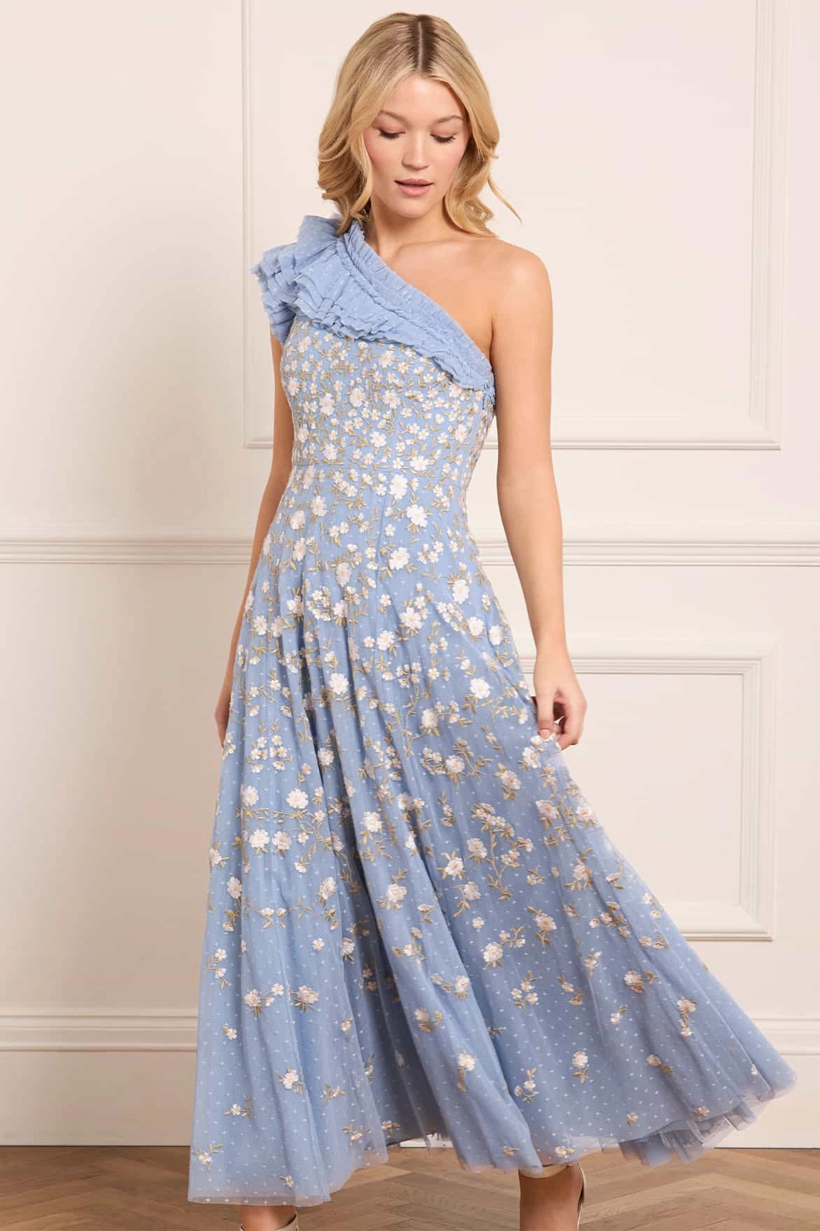 Clean Texture Lea Ditsy One-Shoulder Ankle Gown