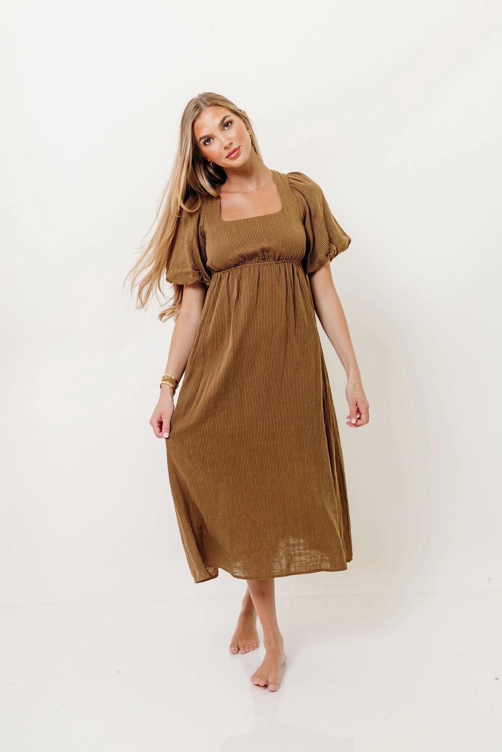 skin friendly Phoebe Midi Dress in Camel/Cream
