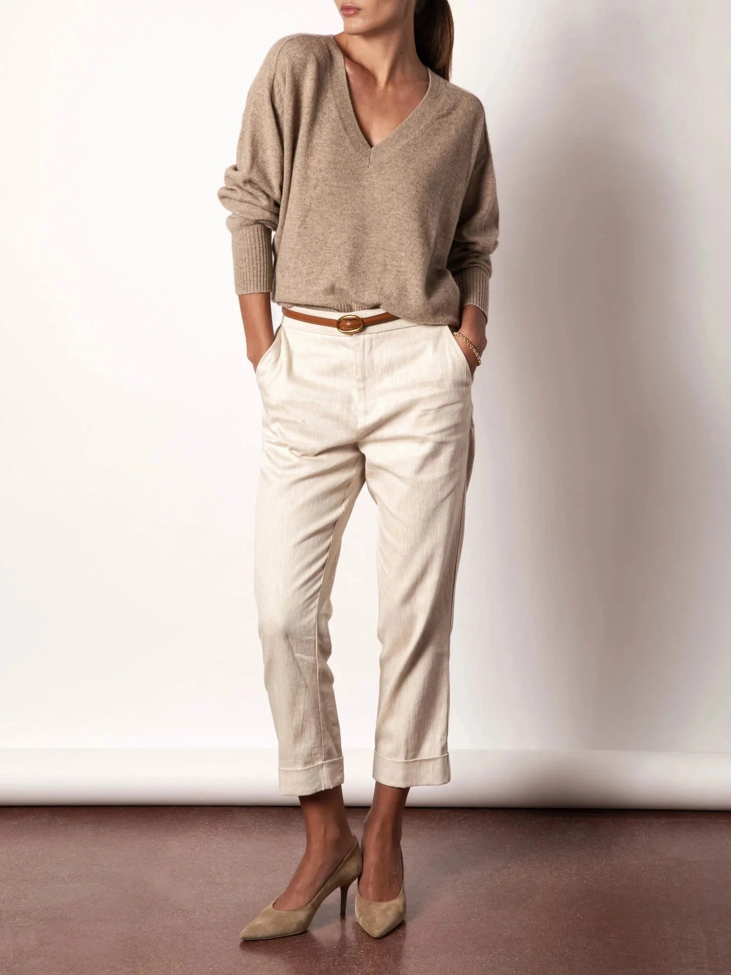 High Density Knit Leia Vee Sweater Earthen Melange