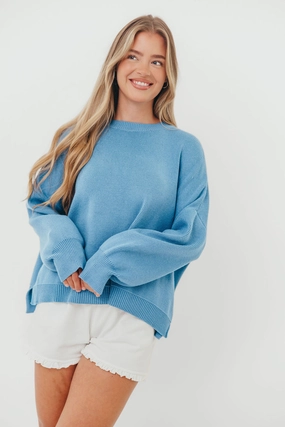 Recycled Polyester Blend Leigh Drop Shoulder Sweater in Pacific