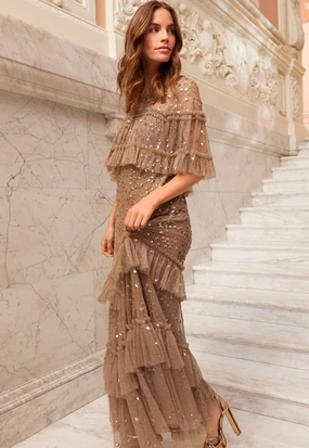 Feminine Structure Neat Finish Leila Dot Tiered Cape Ankle Gown
