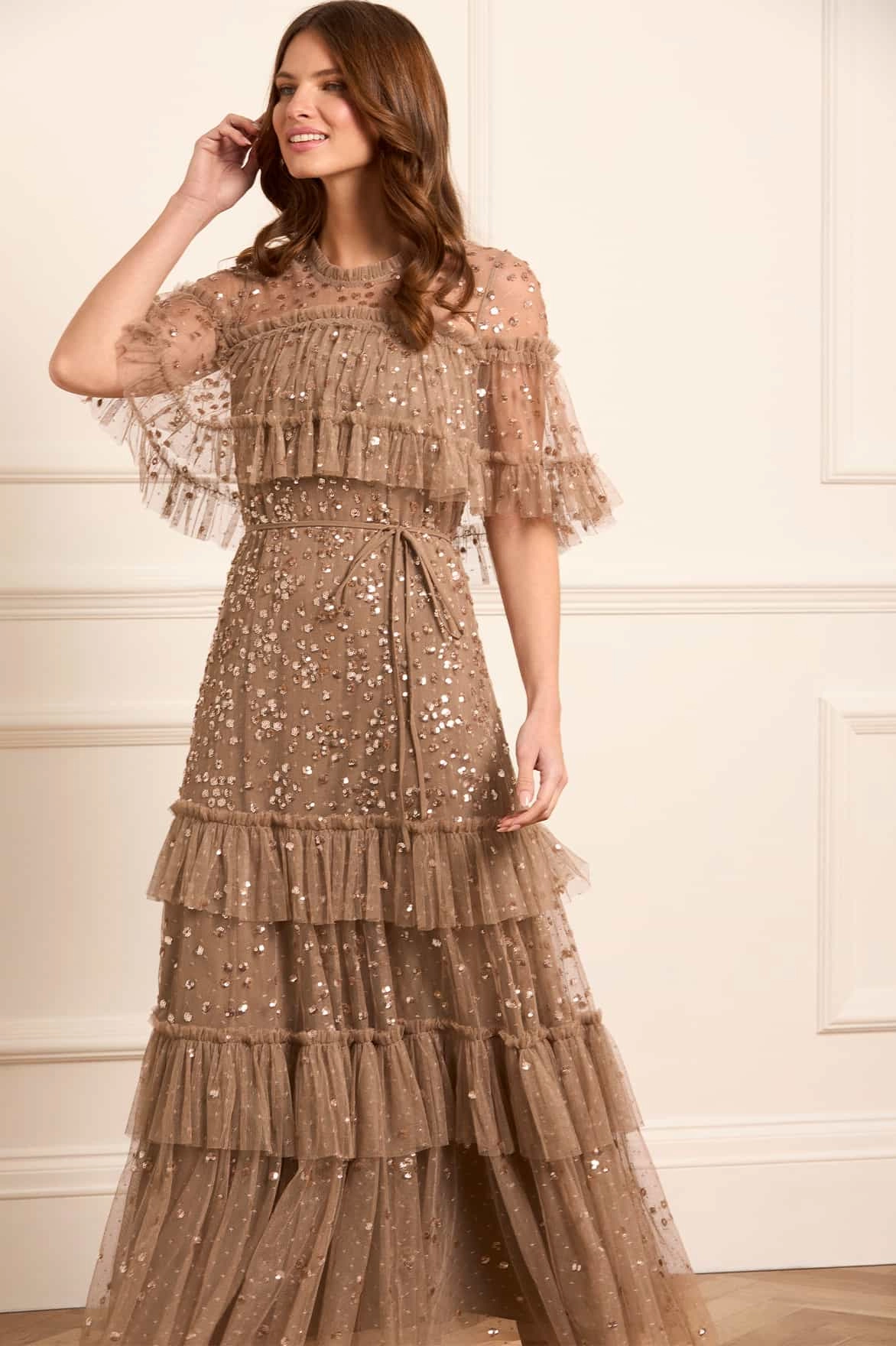 Dual Tones Fit Choice Leila Dot Tiered Cape Ankle Gown