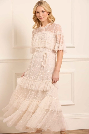 Chilly Day Comfort Seasonal Layering Leila Dot Tiered Cape Ankle Gown