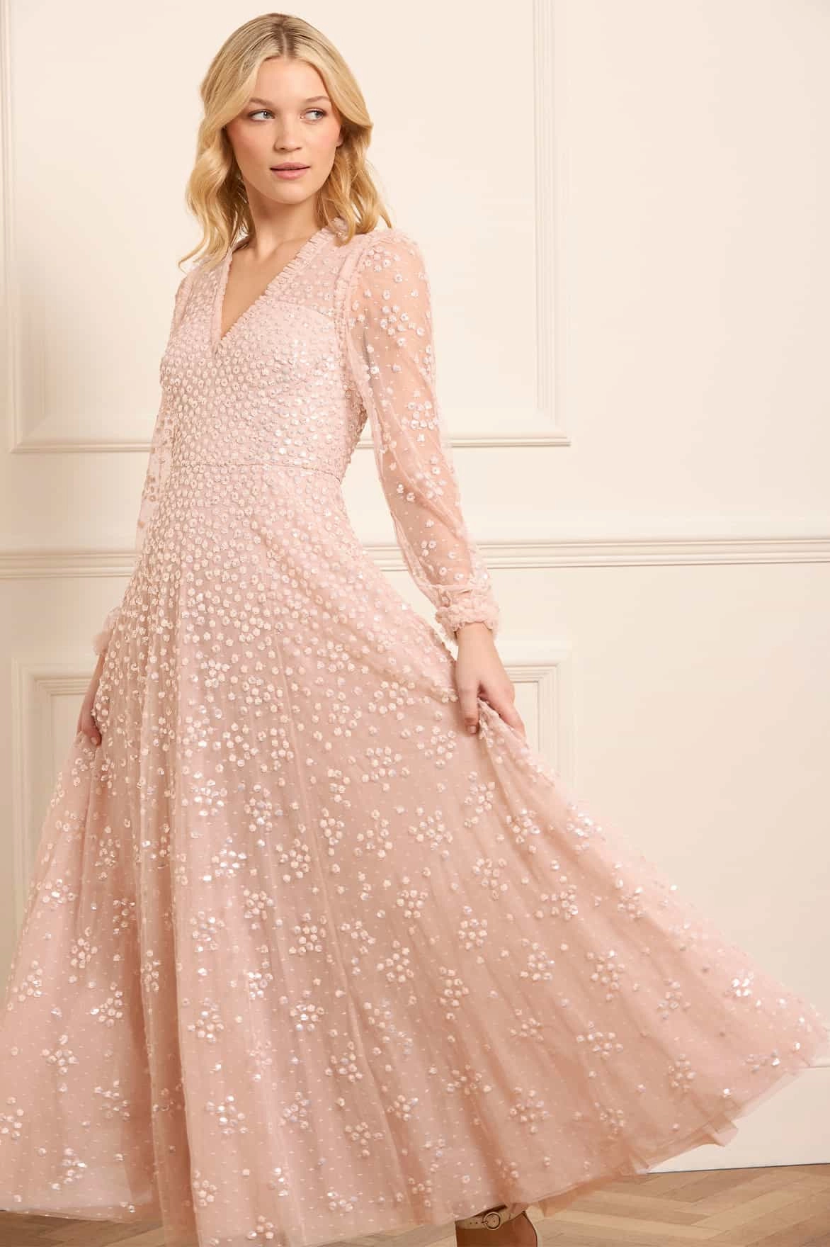 Leila Dot V-Neck Ankle Gown Modern Layers