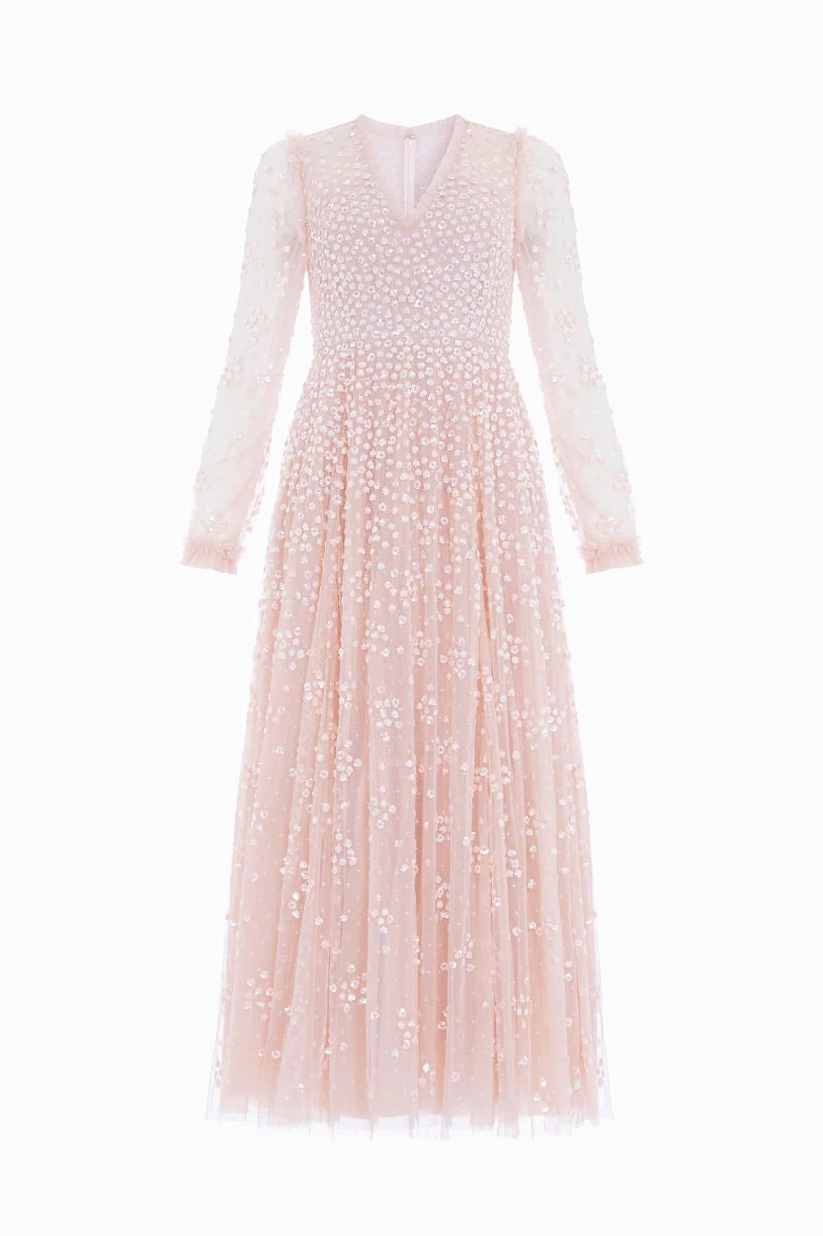 Leila Dot V-Neck Ankle Gown Pearl-Detail