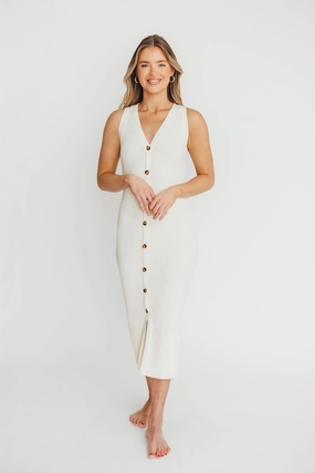 Stylish Wear Textured Layers Lelani Button Down Ribbed Knit Midi Dress in White - Nursing Friendly