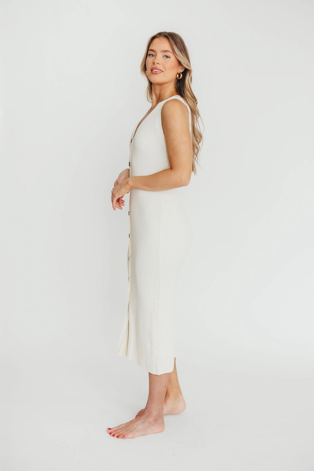 Mini-Length Relaxed Fit Look Lelani Button Down Ribbed Knit Midi Dress in White - Nursing Friendly