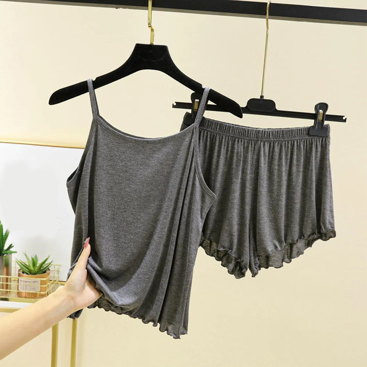 LEMONONSTORE Women's Pajama Sets Camisole Tops and Ruffle Shorts Modal Sleepwear Soft Lingerie Pjs 2 Piece Outfits Loungewear