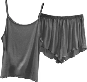LEMONONSTORE Women's Pajama Sets Camisole Tops and Ruffle Shorts Modal Sleepwear Soft Lingerie Pjs 2 Piece Outfits Loungewear