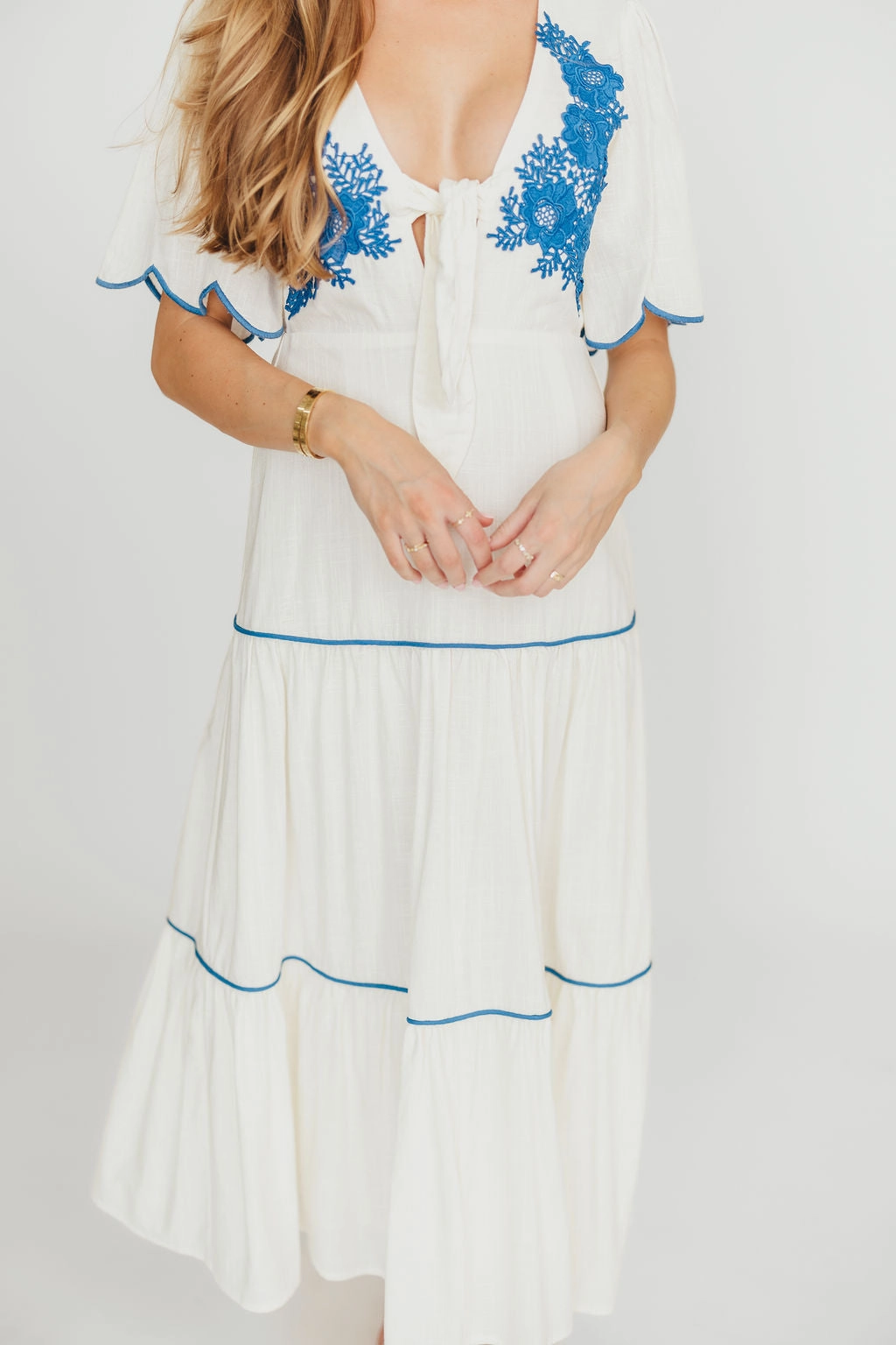 Bless Touch Lena Embroidered Tiered Midi Dress in Off-White/Blue *Final-Sale*