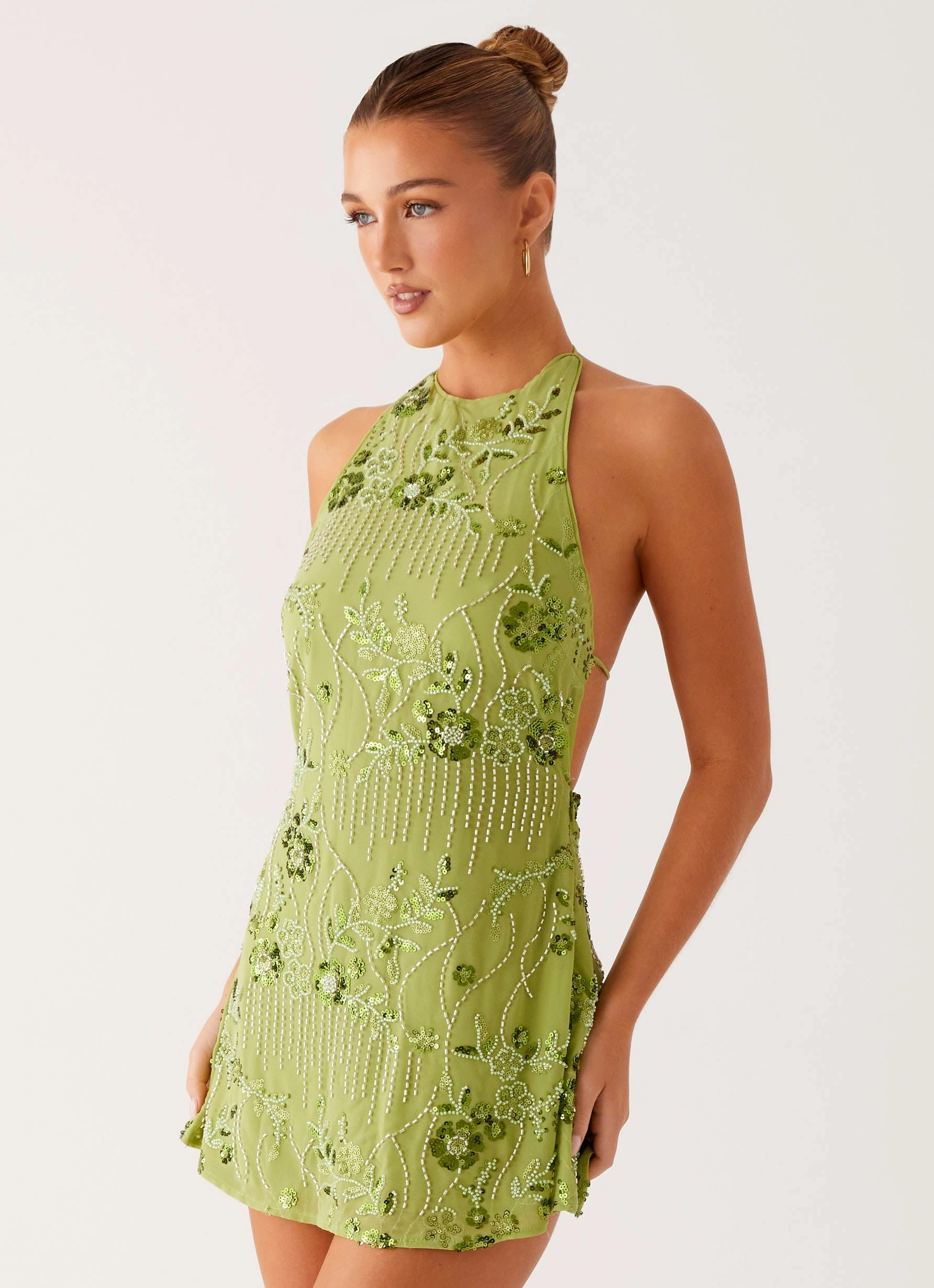 Bow-Detail TaglessDesign Leo Beaded Mini Dress - Green