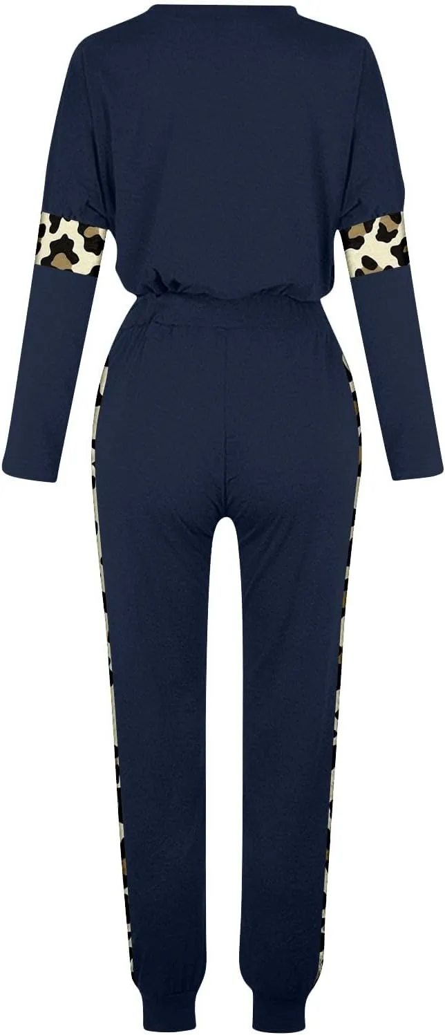 Leopard Patchwork Tracksuit for Women 2 Piece Outfit Comfy Pajama Set Crewneck Long Sleeve Shirts and Jogger Pants