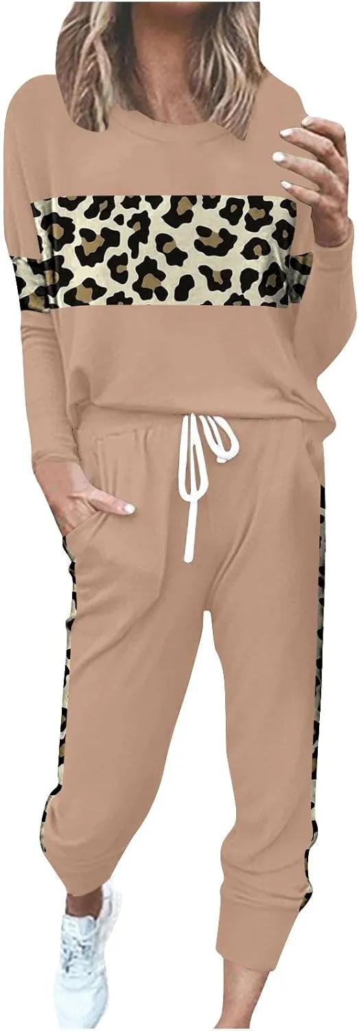 Leopard Patchwork Tracksuit for Women 2 Piece Outfit Comfy Pajama Set Crewneck Long Sleeve Shirts and Jogger Pants