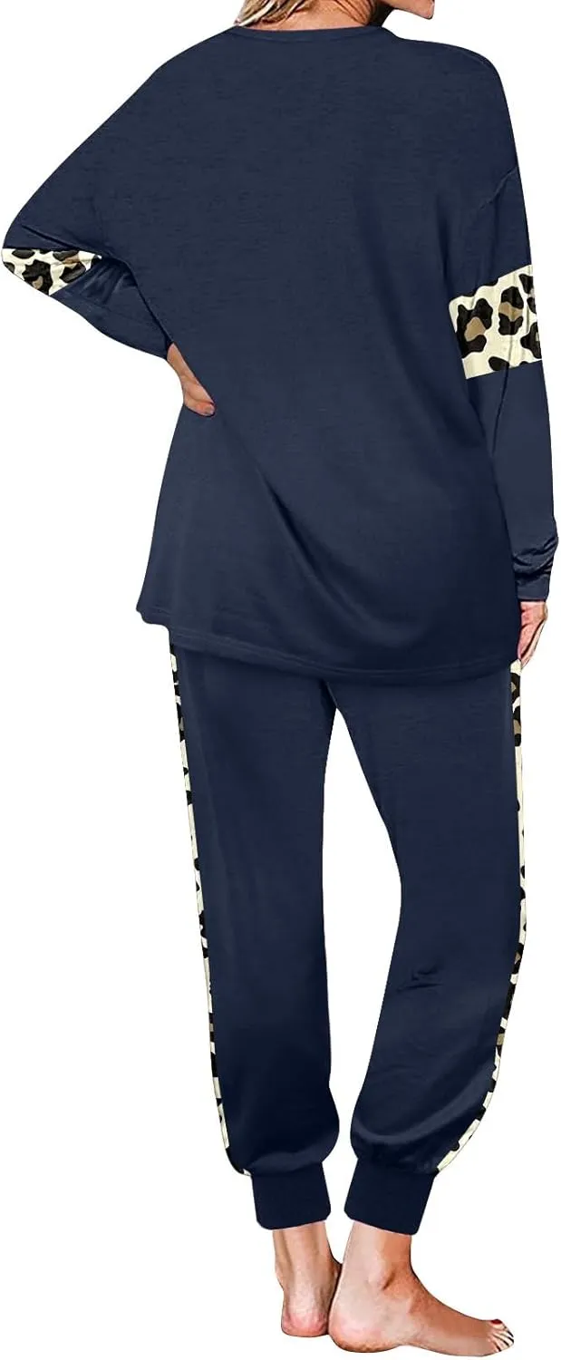 Leopard Patchwork Tracksuit for Women 2 Piece Outfit Comfy Pajama Set Crewneck Long Sleeve Shirts and Jogger Pants