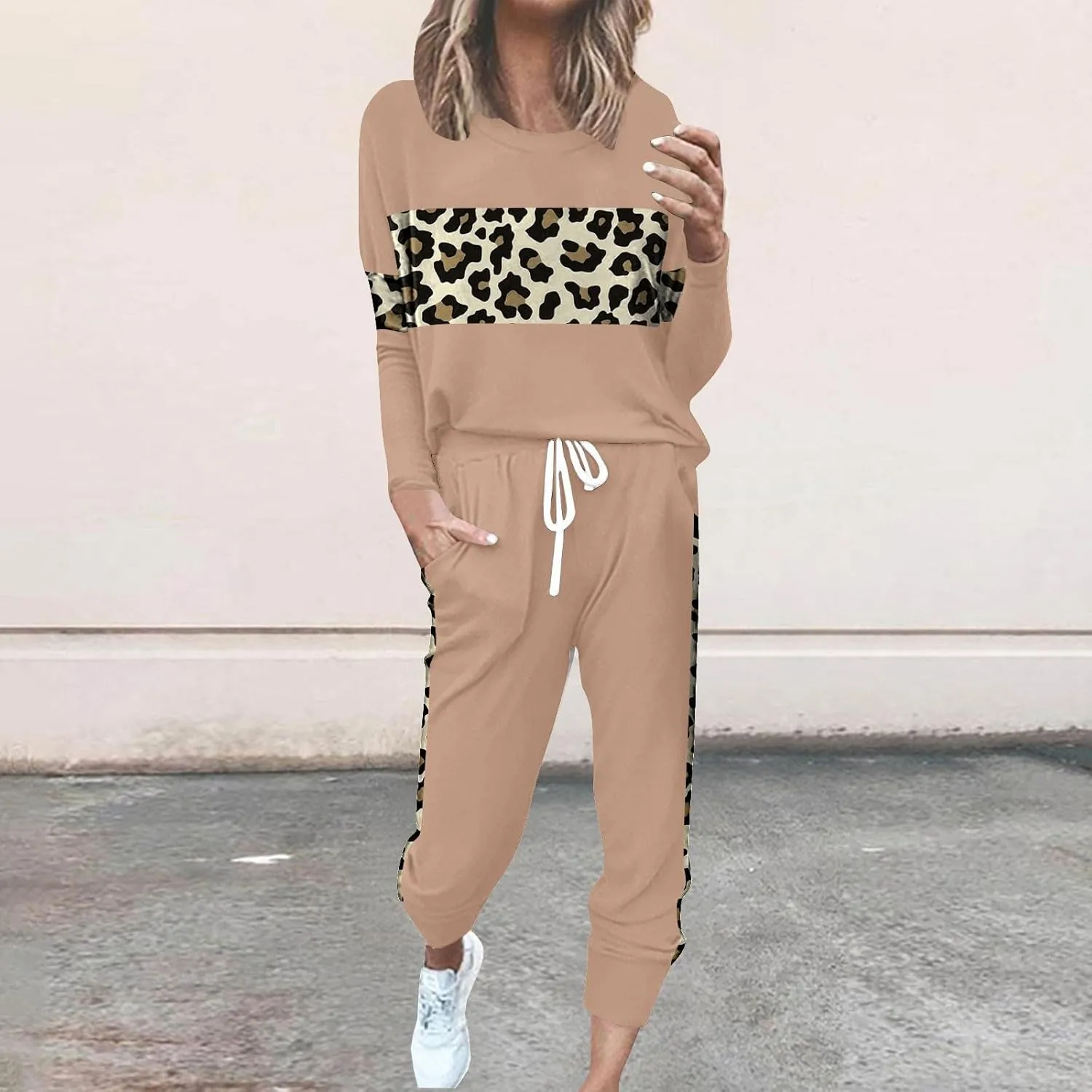 Leopard Patchwork Tracksuit for Women 2 Piece Outfit Comfy Pajama Set Crewneck Long Sleeve Shirts and Jogger Pants