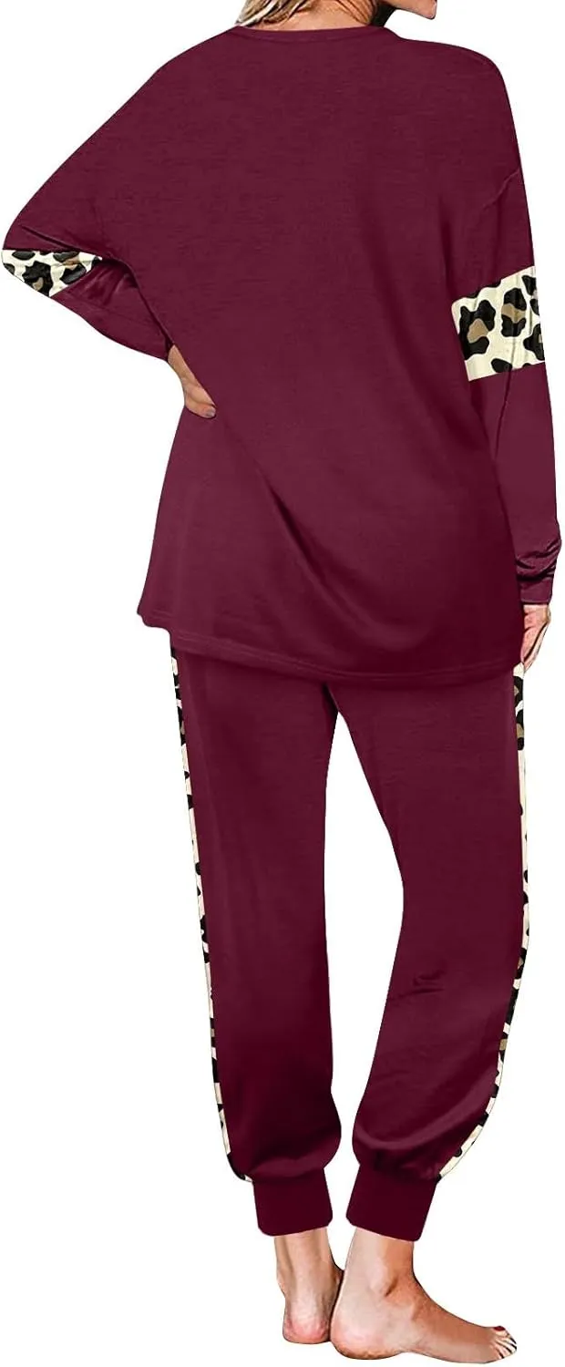 Leopard Patchwork Tracksuit for Women 2 Piece Outfit Comfy Pajama Set Crewneck Long Sleeve Shirts and Jogger Pants