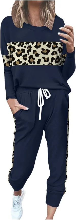Leopard Patchwork Tracksuit for Women 2 Piece Outfit Comfy Pajama Set Crewneck Long Sleeve Shirts and Jogger Pants