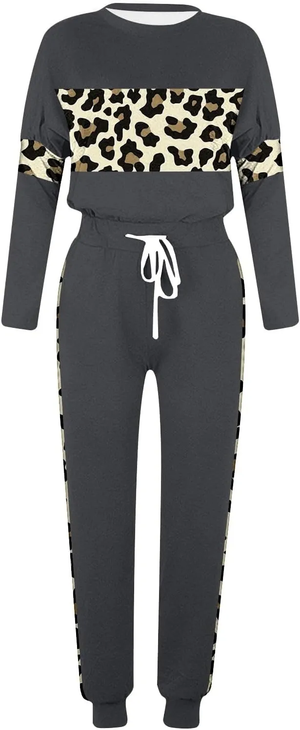 Leopard Patchwork Tracksuit for Women 2 Piece Outfit Comfy Pajama Set Crewneck Long Sleeve Shirts and Jogger Pants