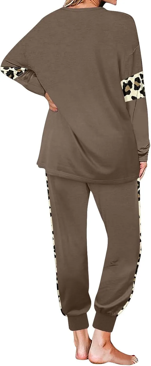 Leopard Patchwork Tracksuit for Women 2 Piece Outfit Comfy Pajama Set Crewneck Long Sleeve Shirts and Jogger Pants