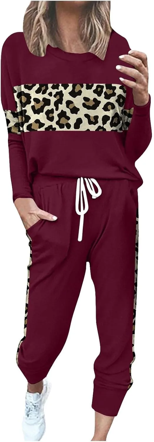 Leopard Patchwork Tracksuit for Women 2 Piece Outfit Comfy Pajama Set Crewneck Long Sleeve Shirts and Jogger Pants
