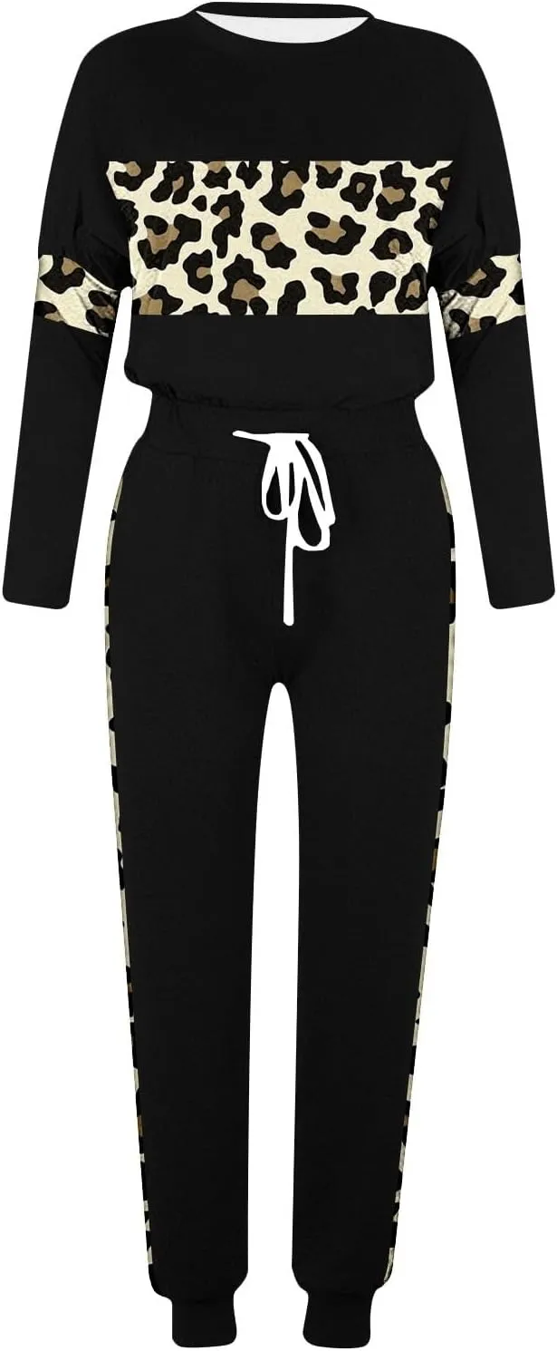 Leopard Patchwork Tracksuit for Women 2 Piece Outfit Comfy Pajama Set Crewneck Long Sleeve Shirts and Jogger Pants