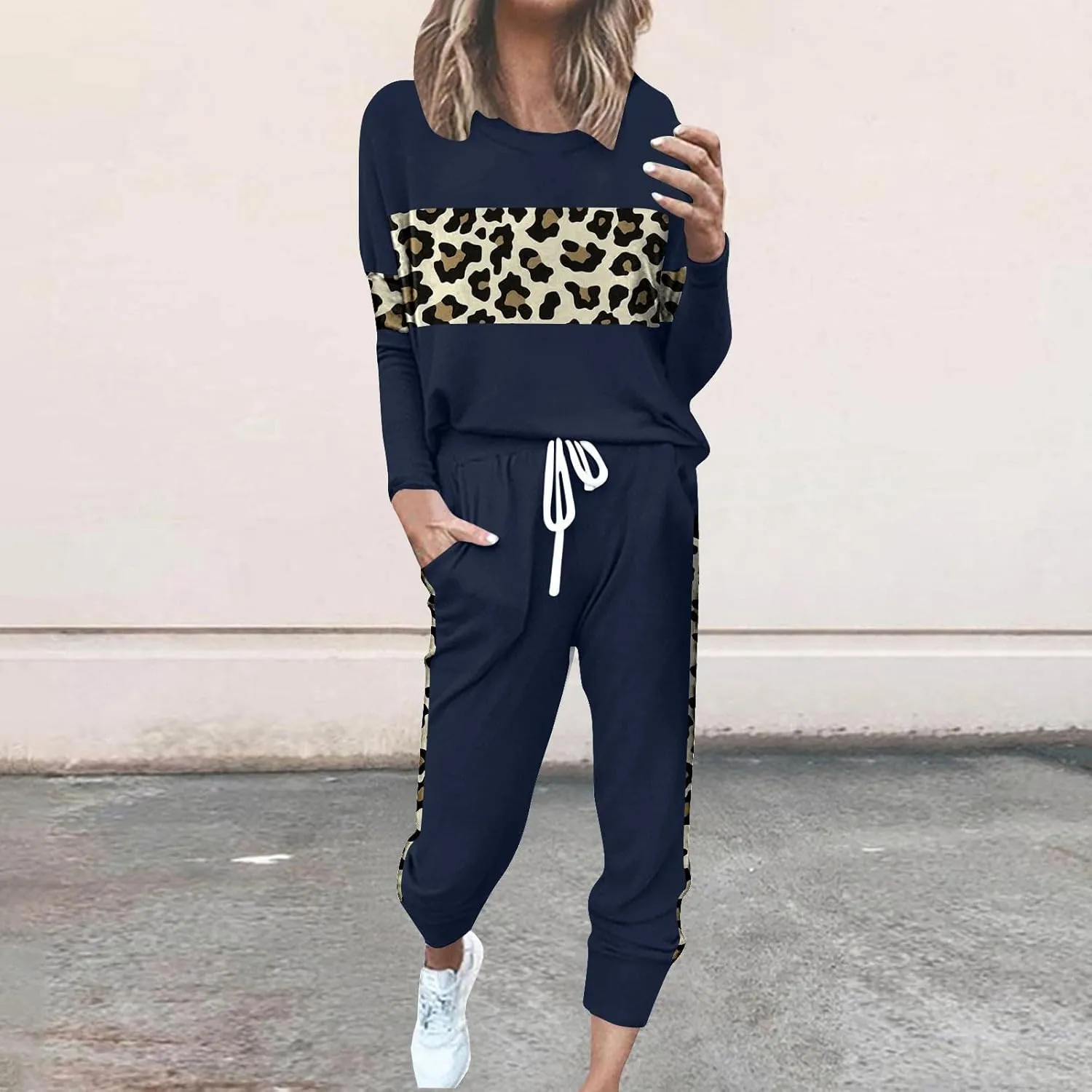 Leopard Patchwork Tracksuit for Women 2 Piece Outfit Comfy Pajama Set Crewneck Long Sleeve Shirts and Jogger Pants