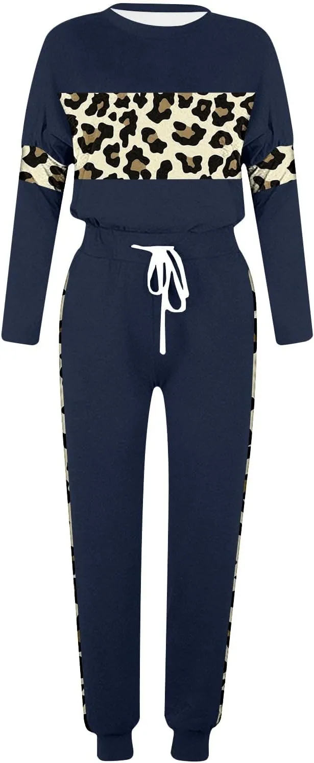 Leopard Patchwork Tracksuit for Women 2 Piece Outfit Comfy Pajama Set Crewneck Long Sleeve Shirts and Jogger Pants