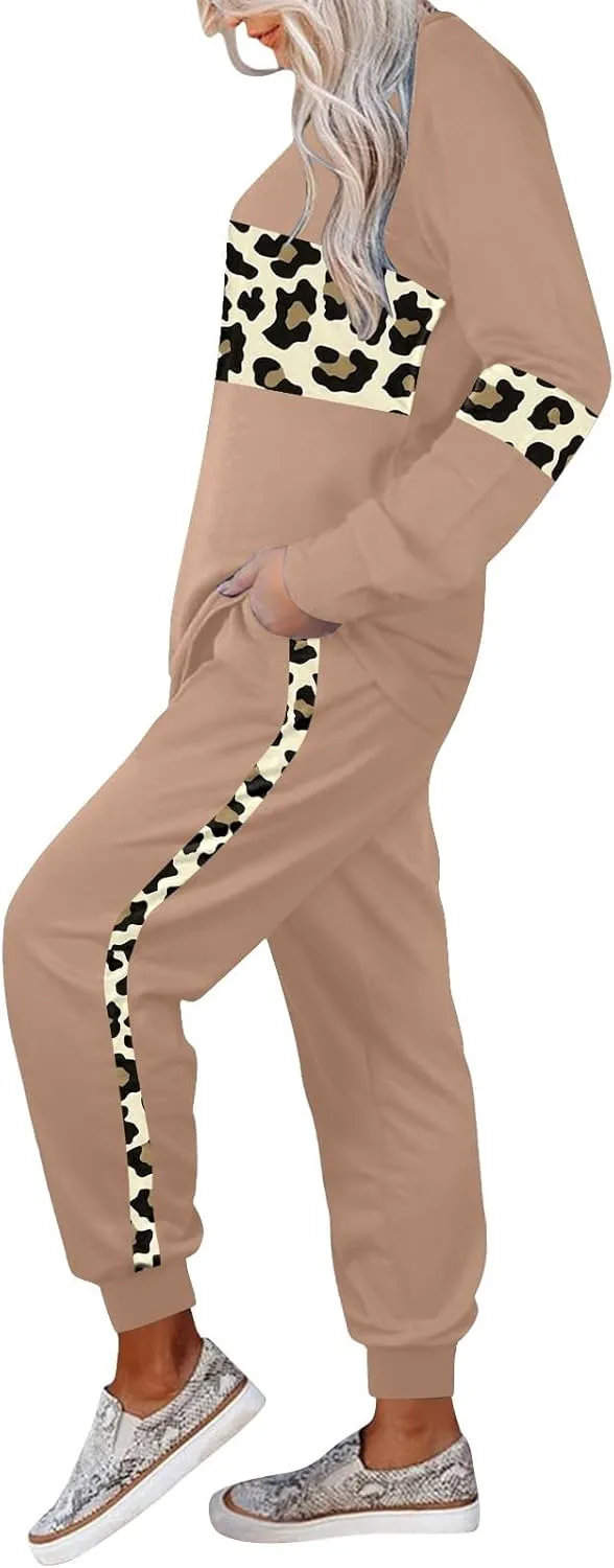 Leopard Patchwork Tracksuit for Women 2 Piece Outfit Comfy Pajama Set Crewneck Long Sleeve Shirts and Jogger Pants