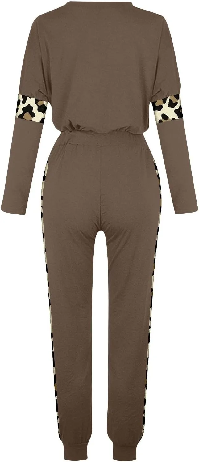 Leopard Patchwork Tracksuit for Women 2 Piece Outfit Comfy Pajama Set Crewneck Long Sleeve Shirts and Jogger Pants