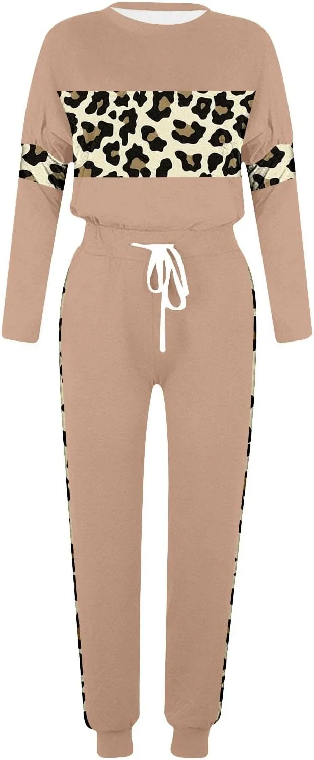 Leopard Patchwork Tracksuit for Women 2 Piece Outfit Comfy Pajama Set Crewneck Long Sleeve Shirts and Jogger Pants