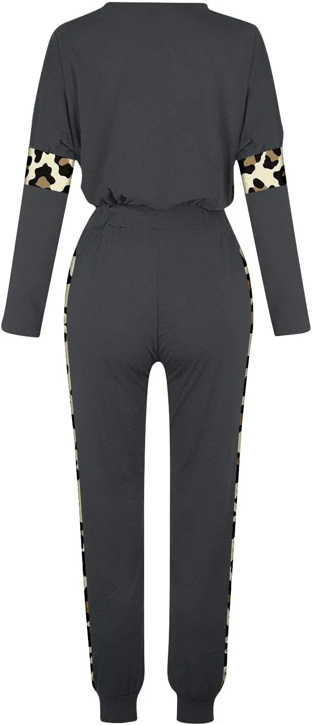 Leopard Patchwork Tracksuit for Women 2 Piece Outfit Comfy Pajama Set Crewneck Long Sleeve Shirts and Jogger Pants