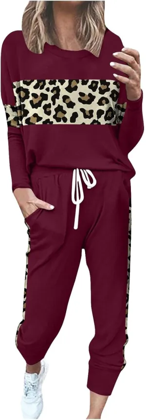 Leopard Patchwork Tracksuit for Women 2 Piece Outfit Comfy Pajama Set Crewneck Long Sleeve Shirts and Jogger Pants