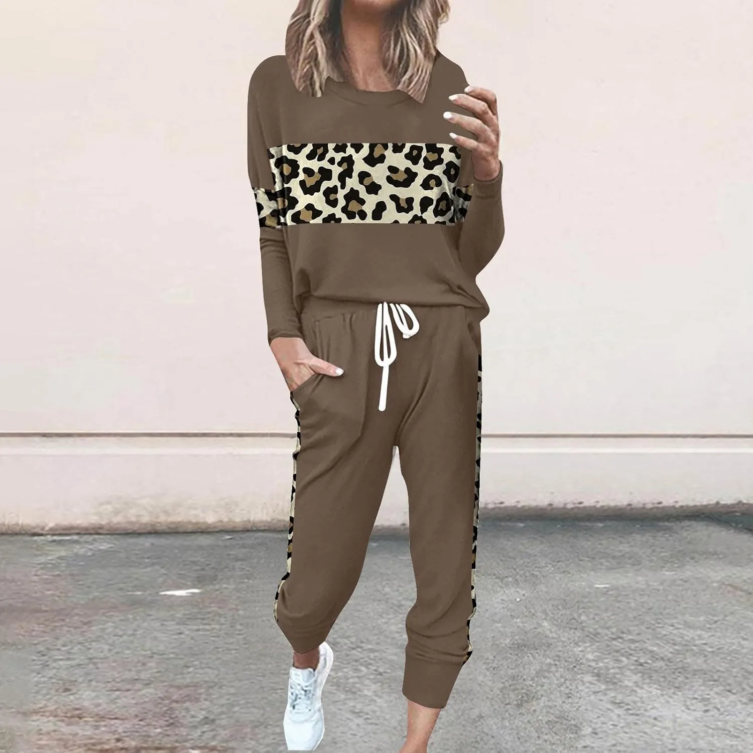 Leopard Patchwork Tracksuit for Women 2 Piece Outfit Comfy Pajama Set Crewneck Long Sleeve Shirts and Jogger Pants