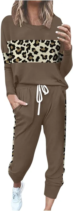 Leopard Patchwork Tracksuit for Women 2 Piece Outfit Comfy Pajama Set Crewneck Long Sleeve Shirts and Jogger Pants